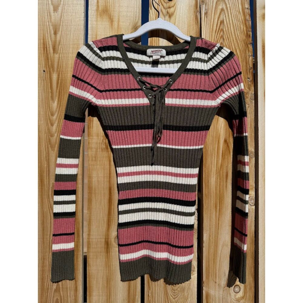 Arizona Jeans Women's Quarter Lace Striped Multicolor Ribbed Knit Long Sleeve S